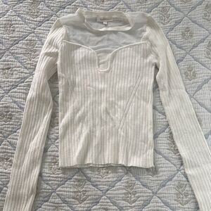 bohme White Ribbed Long Sleeve Top with Mesh Sweetheart Yoke